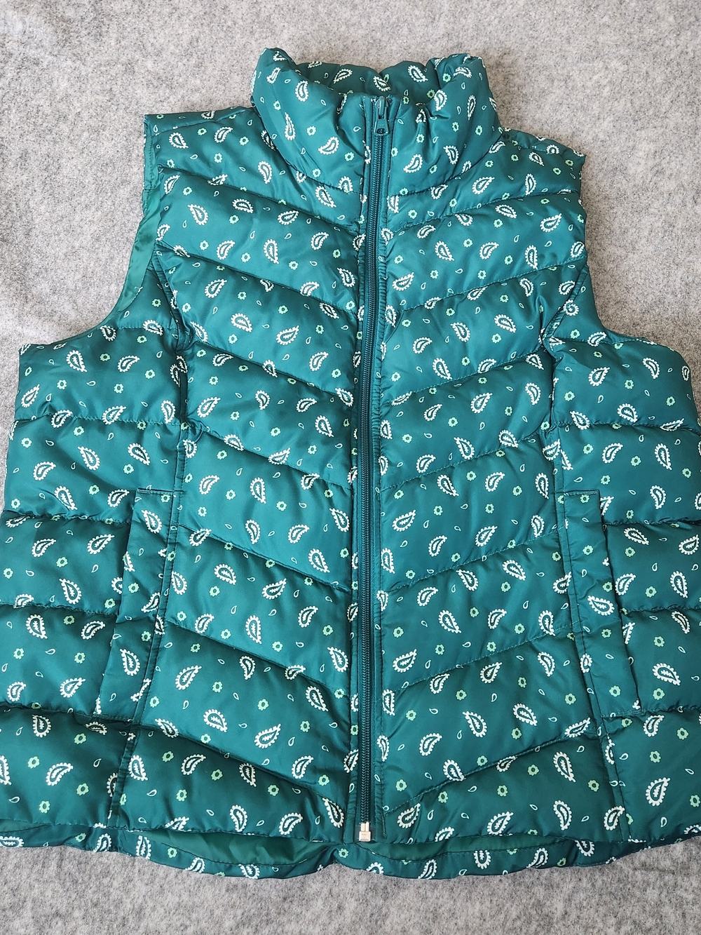 Lands' End Down Puffer Vest Women's L Green Paisley Pocket Full Zip Mock Neck